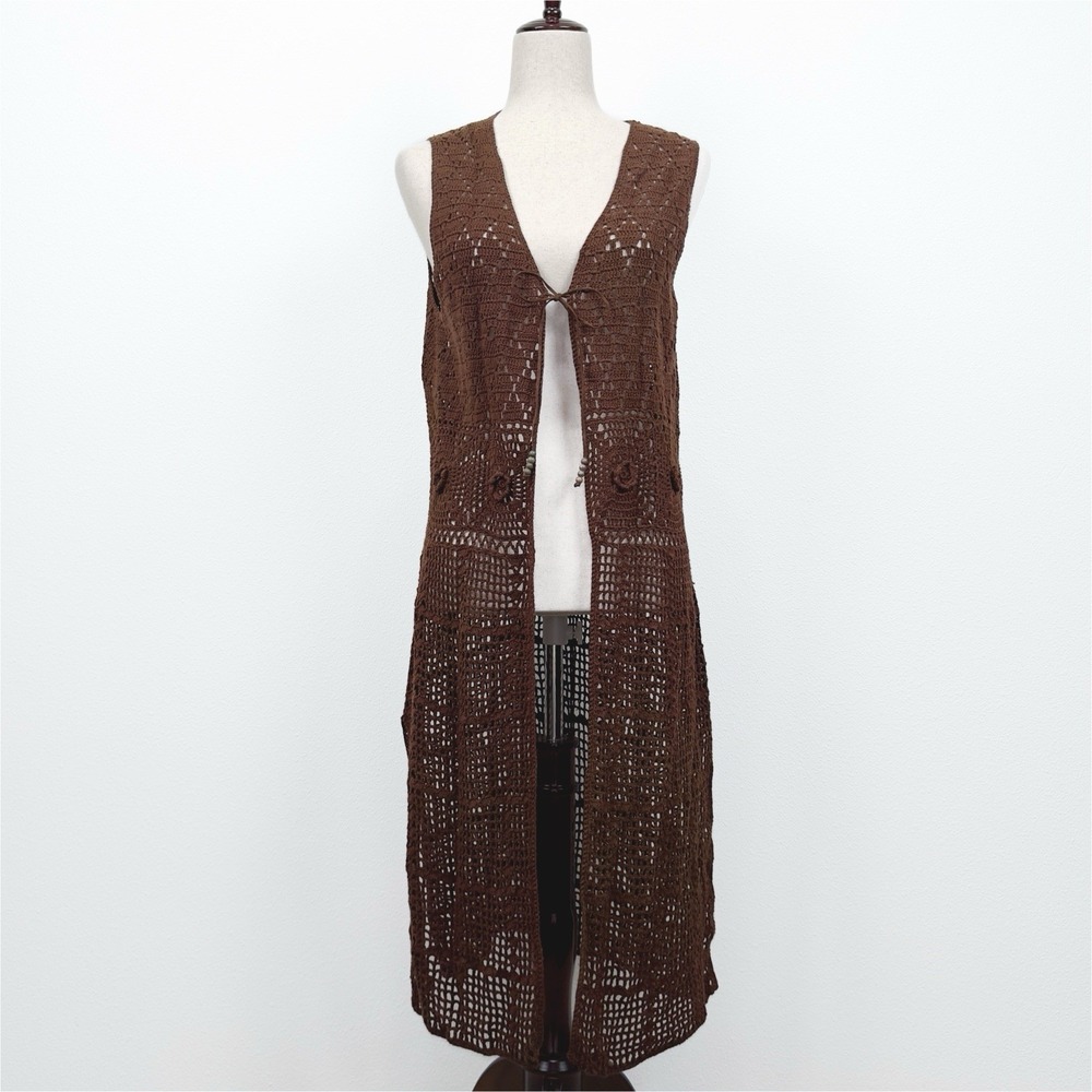 VTG White Stag Sweater Womens L Brown Crochet Vest Lagenlook Hippie 90s Festival
